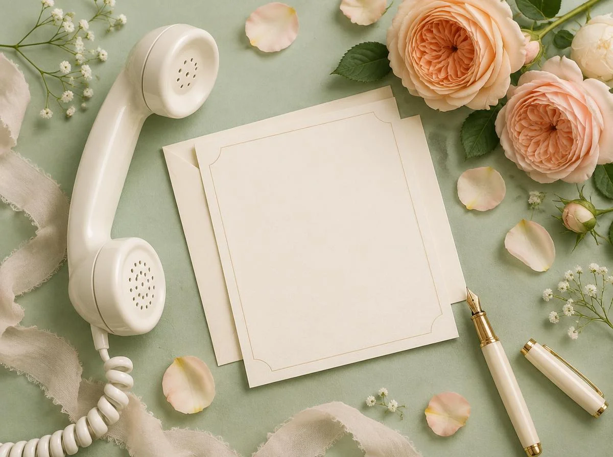 Weißer Telefonhörer neben blanko Grußkarten, Füller und pfirsichfarbenen Rosen auf mintgrünem Grund