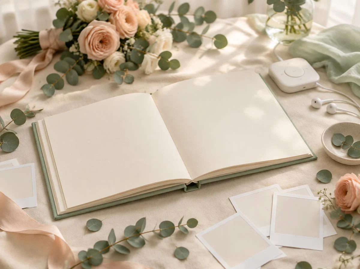 Offenes Hochzeitsalbum mit leeren Seiten, kleinem Audiogerät und blanko Fotokarten in Mint und Pfirsich