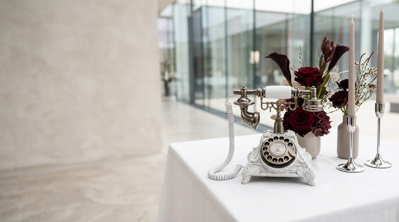 Silbernes Vintage-Hochzeitstelefon auf modernem Hochzeitstisch