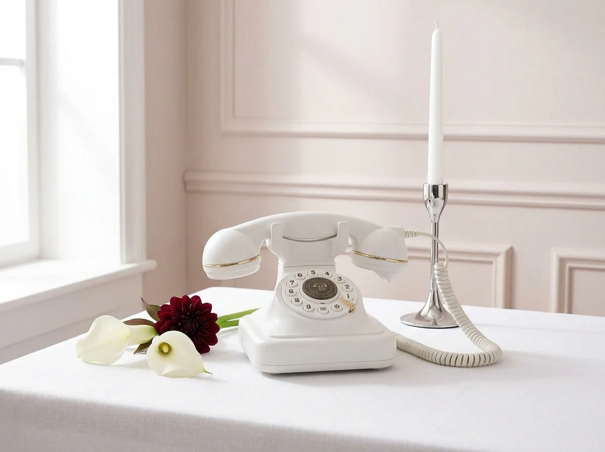 Hochzeitstelefon auf modern dekoriertem Hochzeitstisch