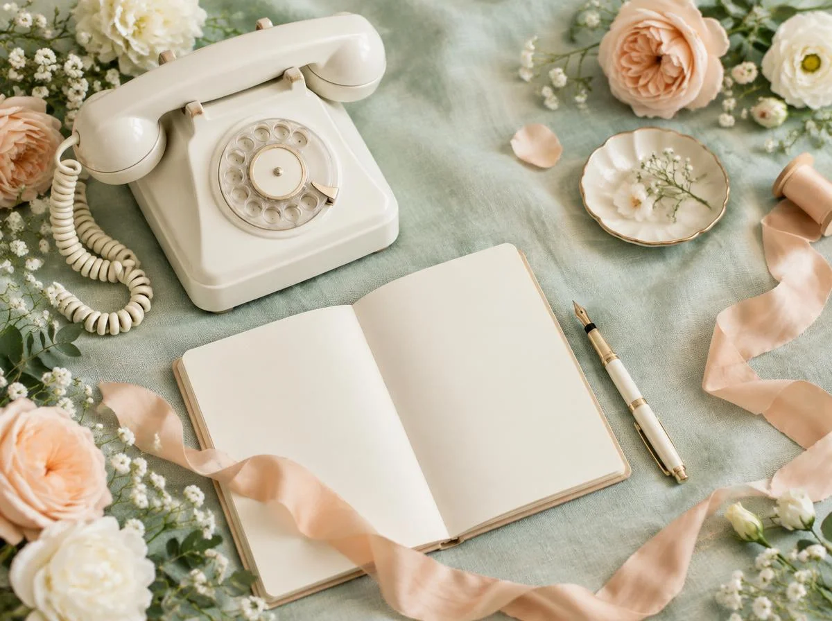 Weißes Vintage-Telefon neben offenem Notizbuch, Füller und pfirsichfarbenen Bändern auf mintgrünem Stoff