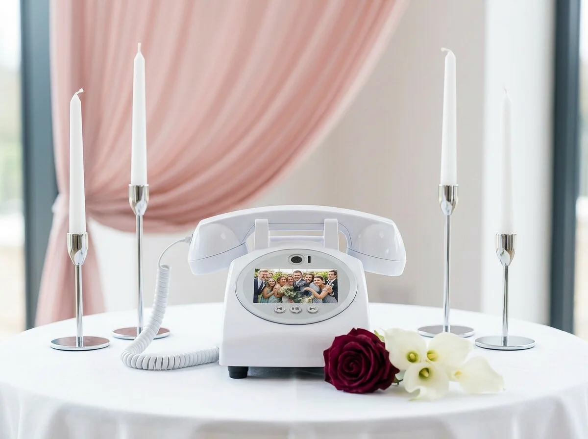 Video-Gästebuch zur Hochzeit mit Display vor einem ruhigen Hintergrund und beschildertem Aufnahmebereich