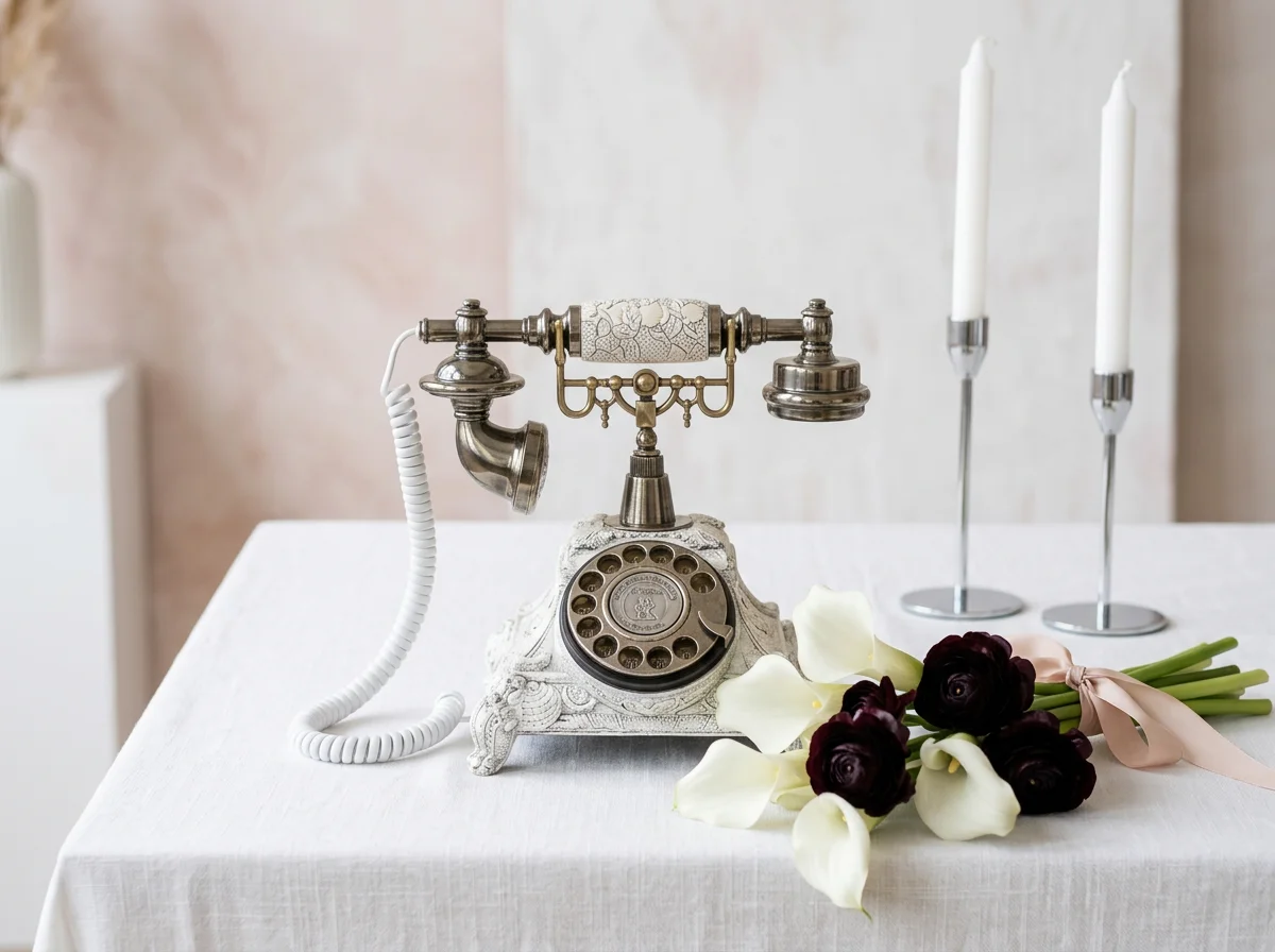 Weißes Vintage-Telefon als Audio-Gästebuch auf einem Hochzeitstisch mit Anleitungskarte