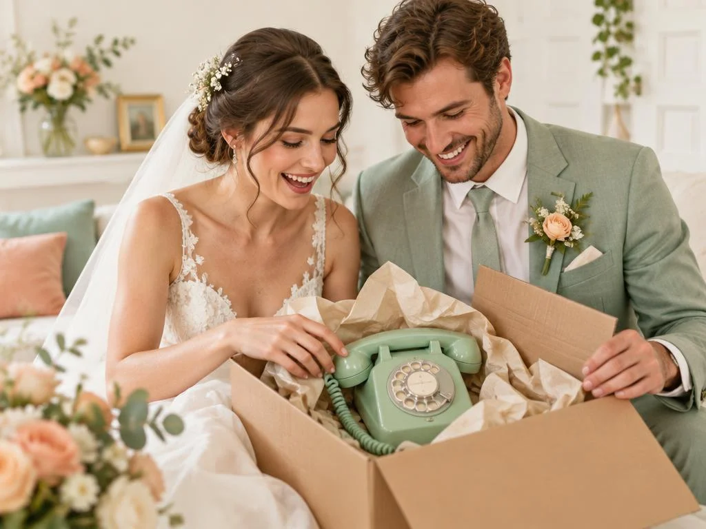 Brautpaar packt das gelieferte Hochzeitstelefon aus